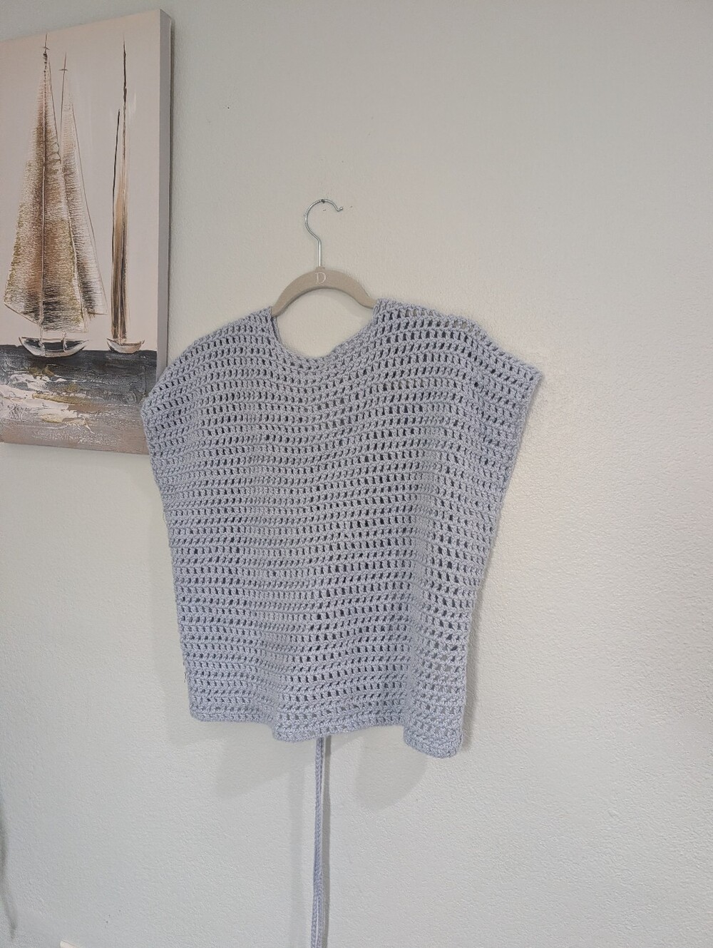 Handmade Light Blue Open-Knit Women's Sweater Tunic Size Med/Lg.